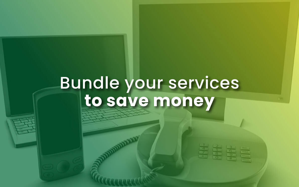 Bundle your services to save money on your internet bill with image of computer, TV, cell phone and landline