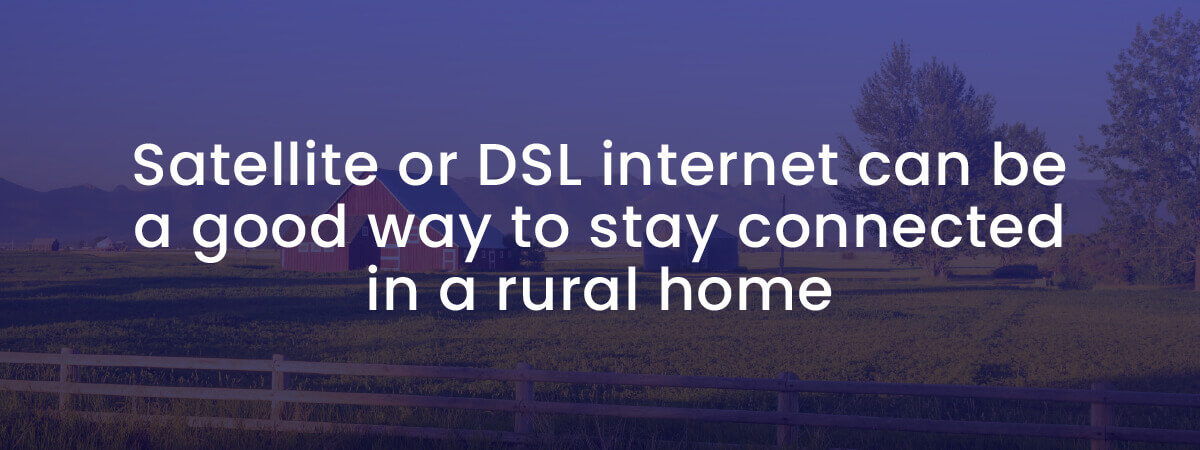 Satellite or DSL internet can be a crucial way to stay connected in a rural home like the farmhouse in this twilight image