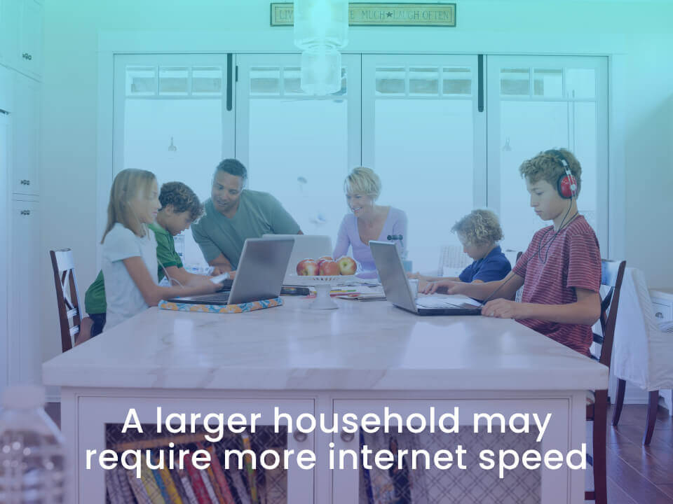 larger household may require more internet speed as in this happy family using their devices at the kitchen table