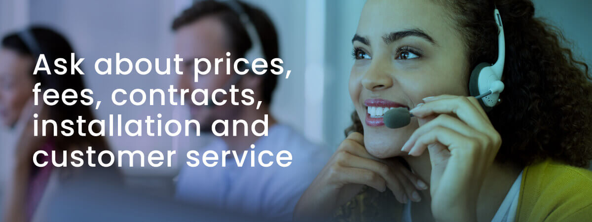 ask about pricing contracts equipment and customer service like this call center rep smiling in the picture