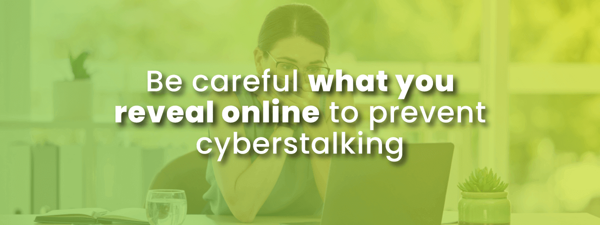 Thoughtful woman is careful about what information she enters online to prvenet cyberstalking