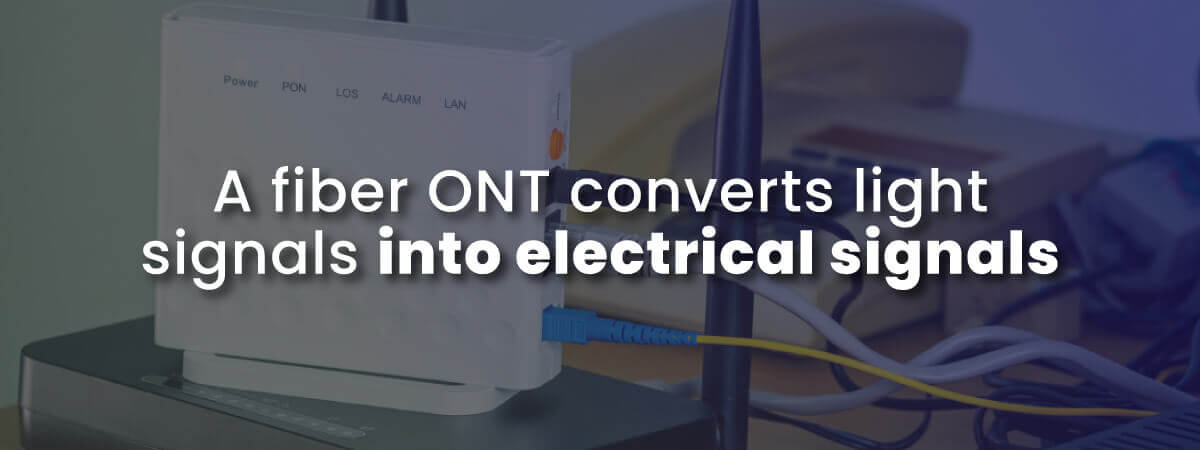 Fiber ONT converts light signals with image of router connected to ONT