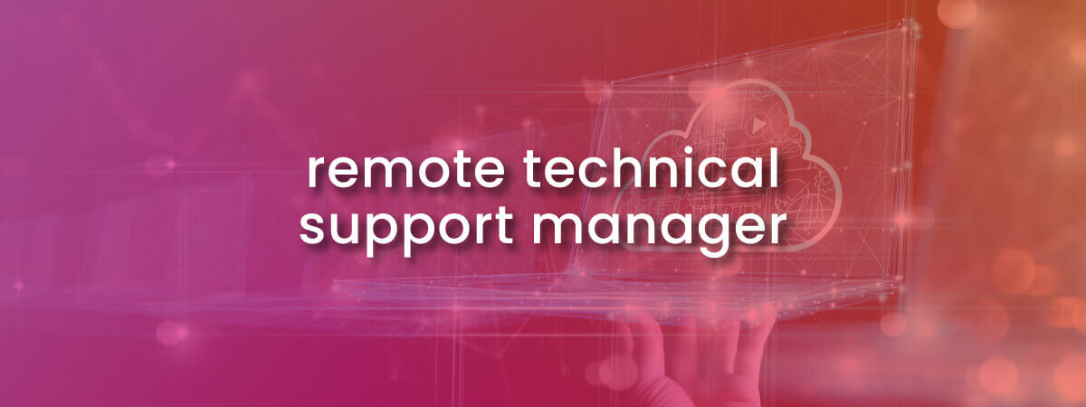 remote technical support manager with image of hand holding up laptop with symbols of cloud networking