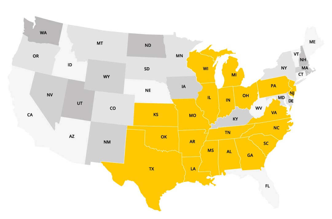 map of 20 states with Brightspeed available and fiber internet in select areas