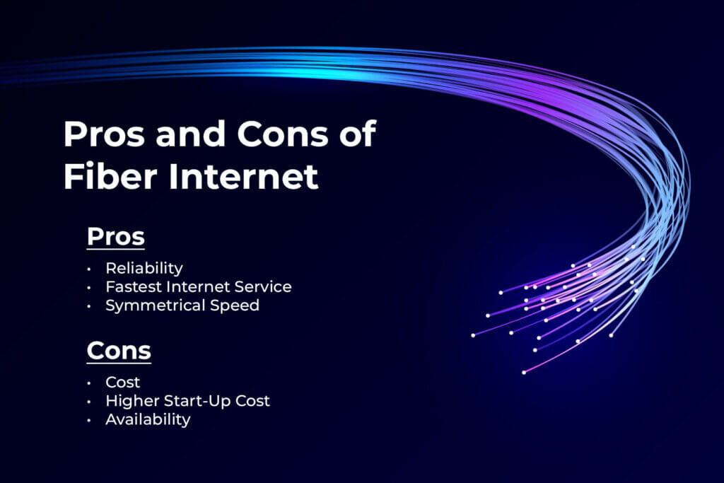 Abstract digital background. Optical fiber of digital communication. Vector illustration on a dark background is an optical fiber with a stream of information. Text displays pros and cons of fiber internet.