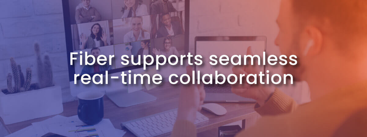 Fiber supports real-time collaboration with image of person in Zoom meeting for remote job. Videoconferencing is one benefit of Fiber internet for remote work.