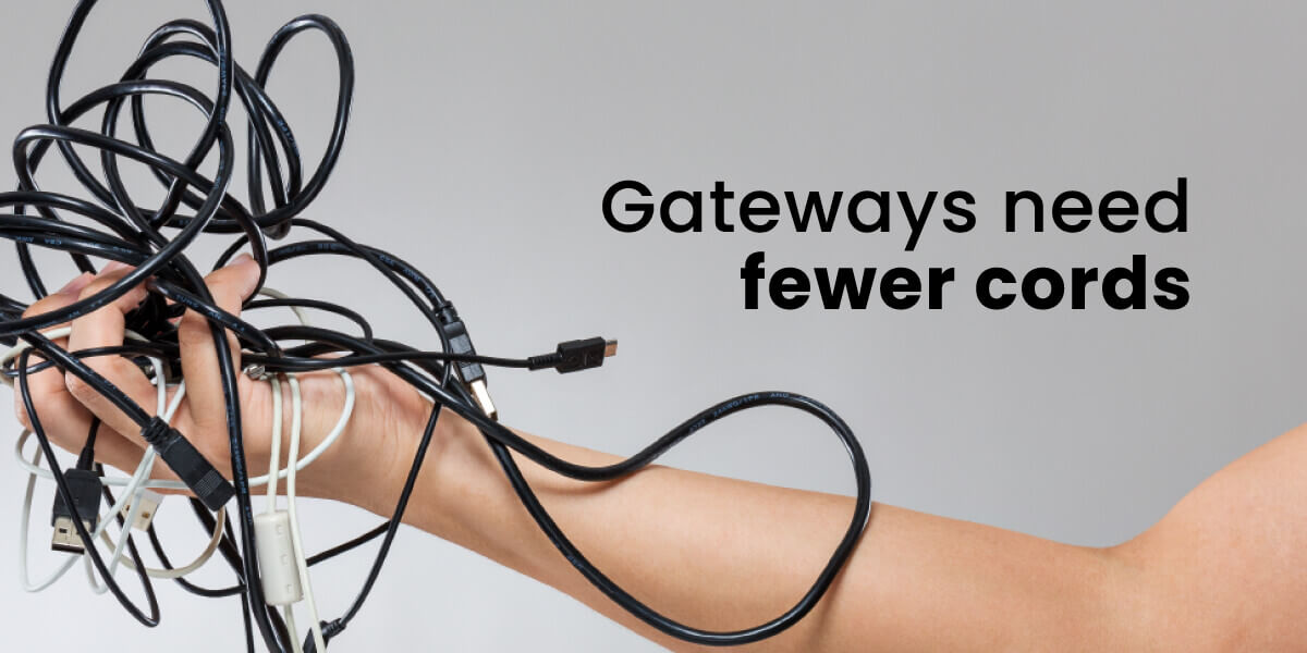 Gateways or modem/router combos need fewer cords with image of hand clutching tangled cords