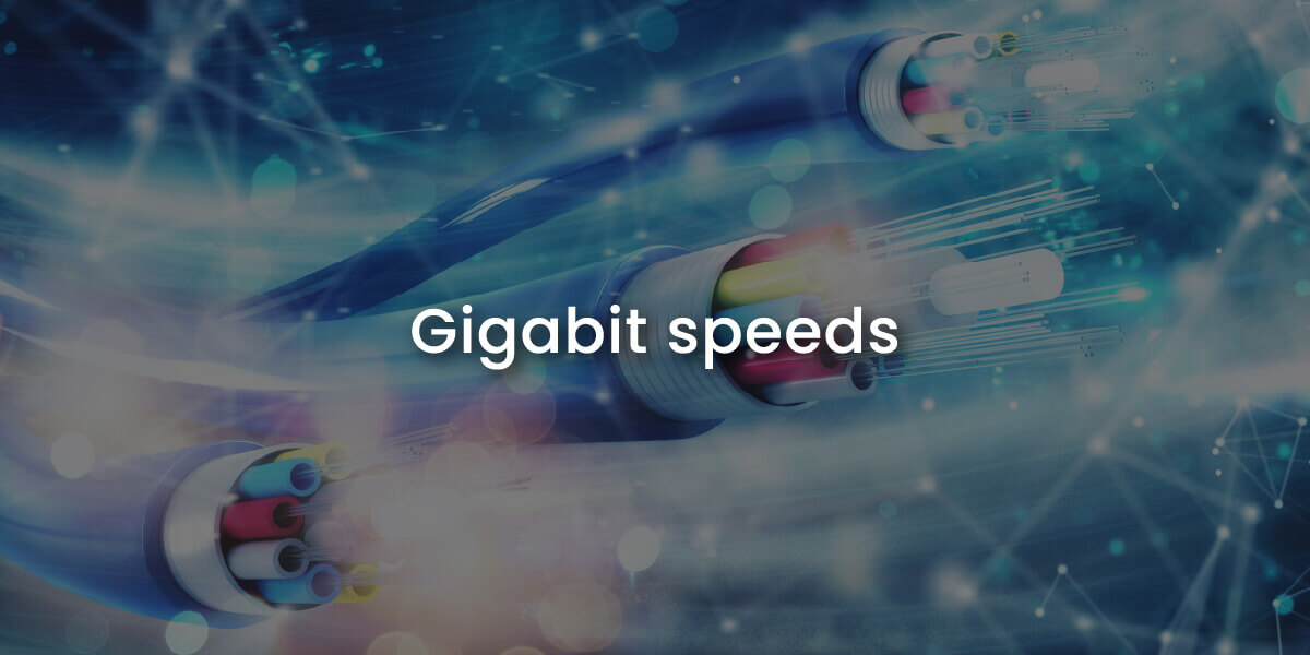 Gigabit speeds with image of cables and abstract data flow