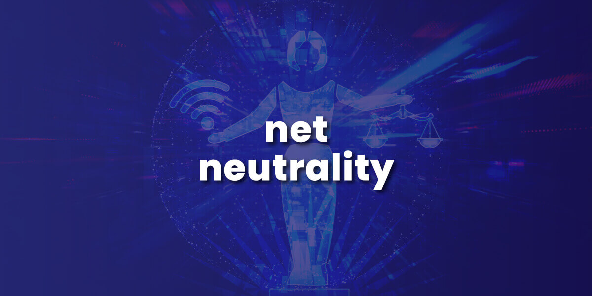 net neutrality with image of Justice holding scales