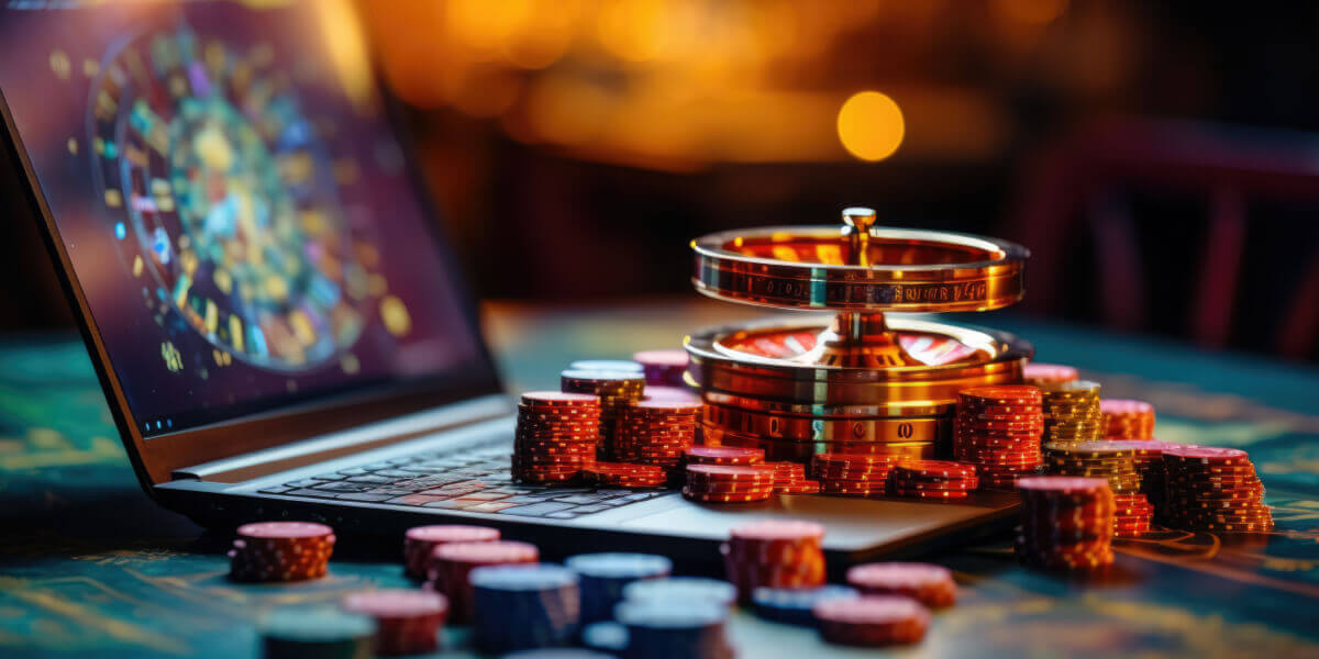 Online casino games with image of gambling chips on top of laptop