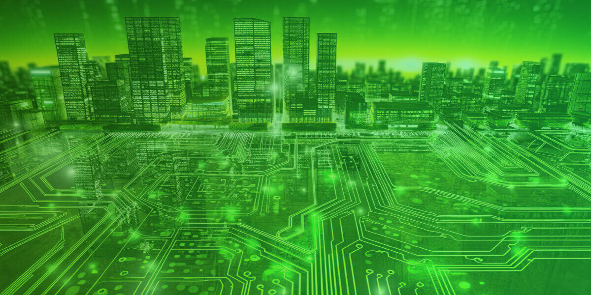 Connected city with image of green network spreading through buildings