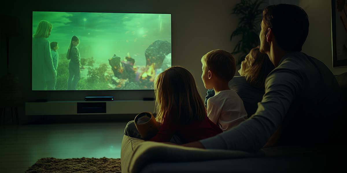 Una familia ve feliz la tele desde el sofá bajo una luz verdosa