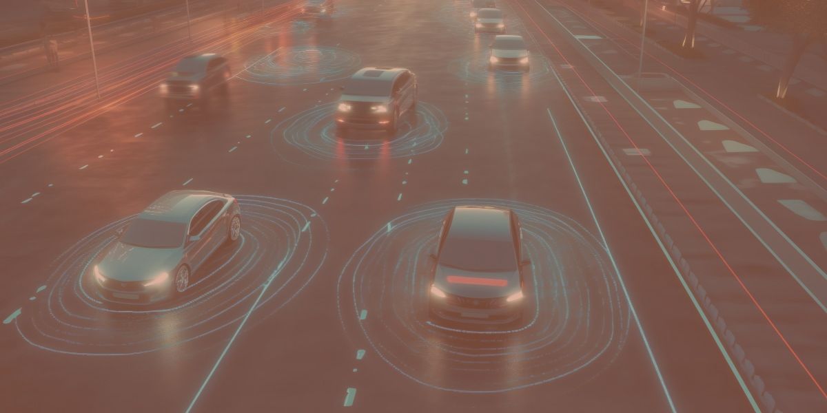 Self-driving cars on a street in the murky twilights