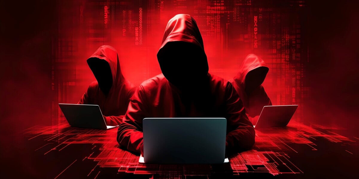 un resplandor rojo rodea a unas misteriosas y amenazadoras figuras encapuchadas que representan a ciberdelincuentes