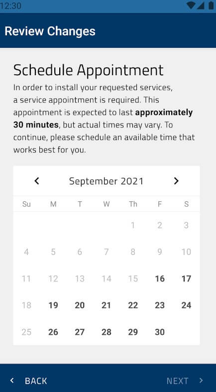 screeemshot of Metronet App schedule appointment screen