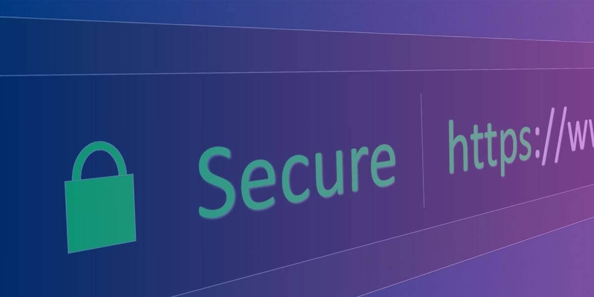 Green website URL on a purple background showing the word Secure