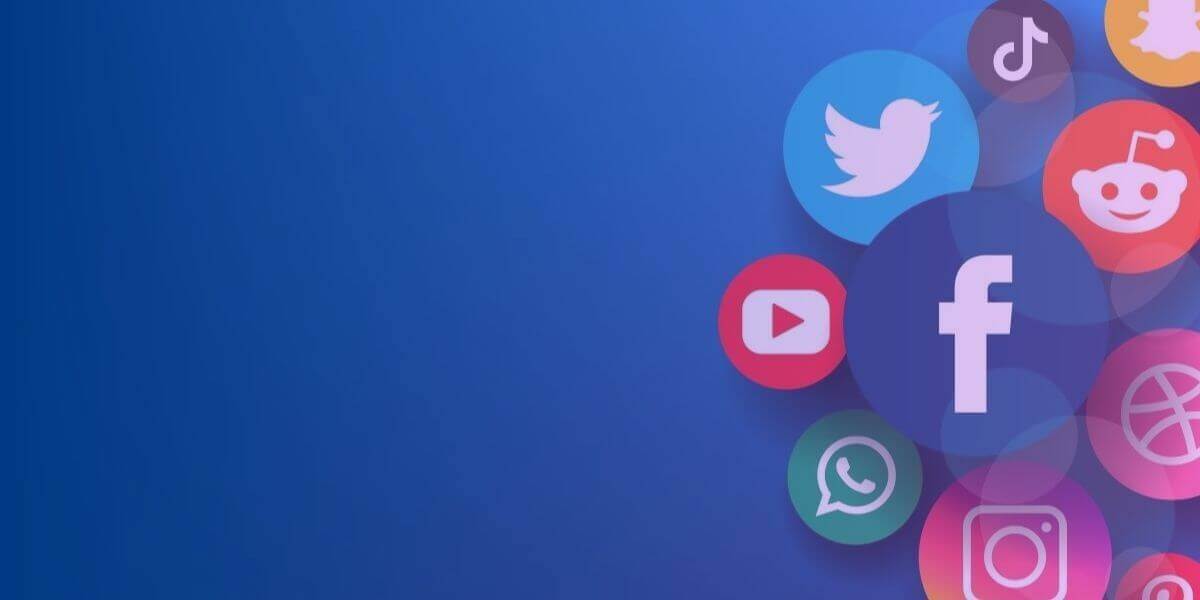 major social media platform icons including Facebook, Pinterest, YouTube and TikTok clustered on a blue background