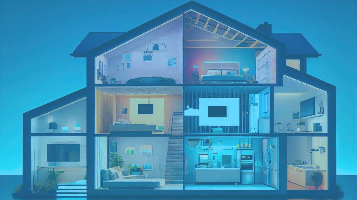 sección transversal de una casa de colores que muestra la distribución de las habitaciones y la instalación wi-fi