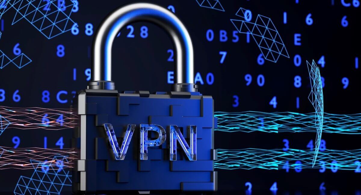 unlimited VPNs represented by padlock amid glowing lights with VPN label