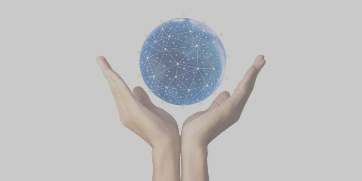 a woman holds a globe with digital lights between her palms to show the digital world