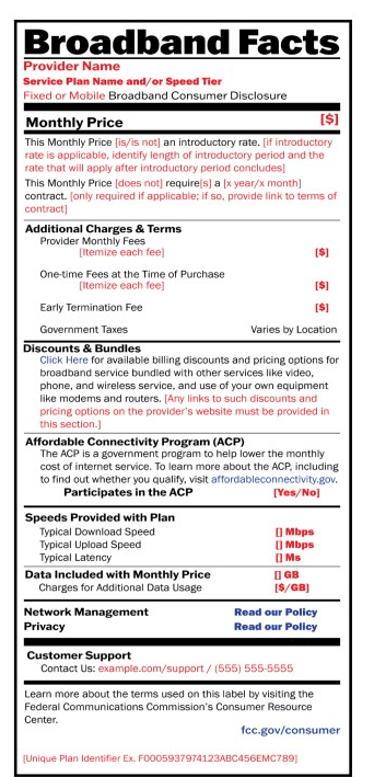 FCC requiring broadband consumer label as pictured in this sample