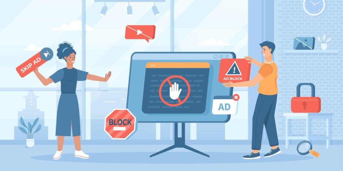 illustration of couple beside giant monitor showing ad blockers