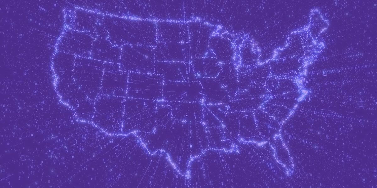 map of the United States outlined in digital purple lights