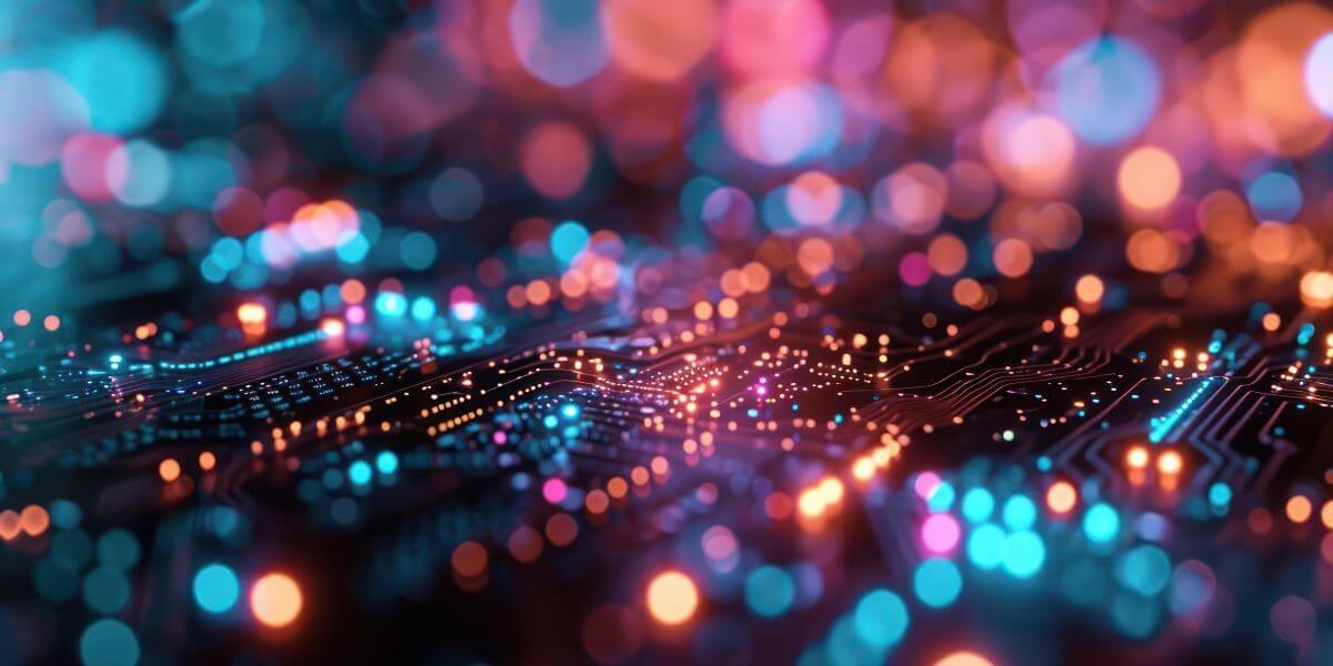 un tablero brillante lleno de luces digitales que representan Internet