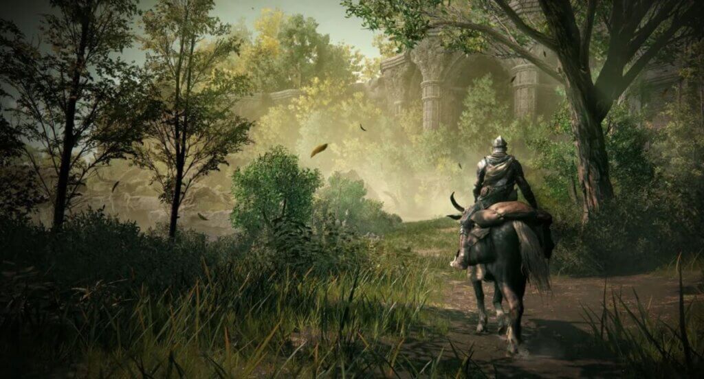 Armored knight rides through moody forest in Shadow of the Erdtree PC game