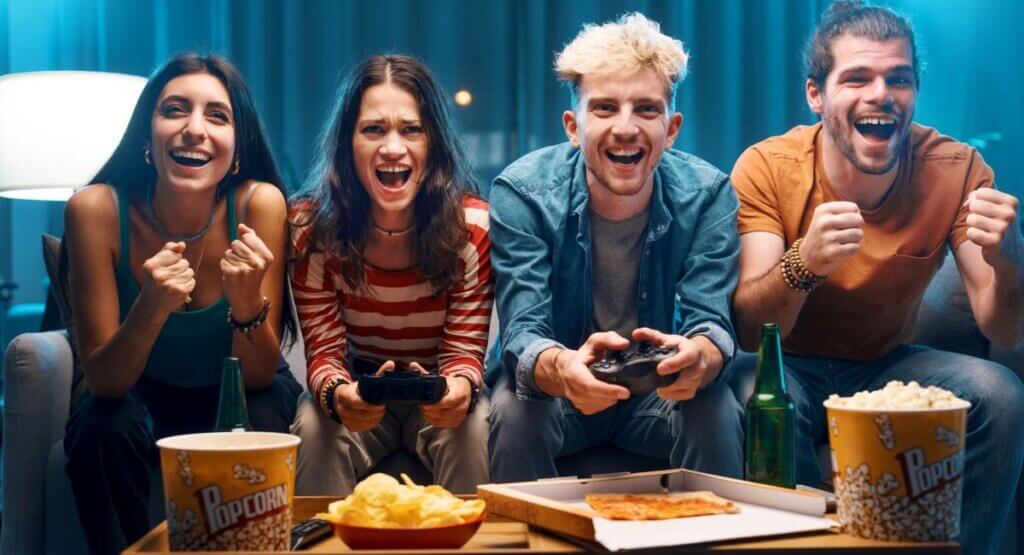 several friends gather to play online games on a couch