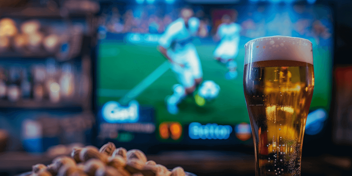 Beer and peanuts on a table with Copa America on TV