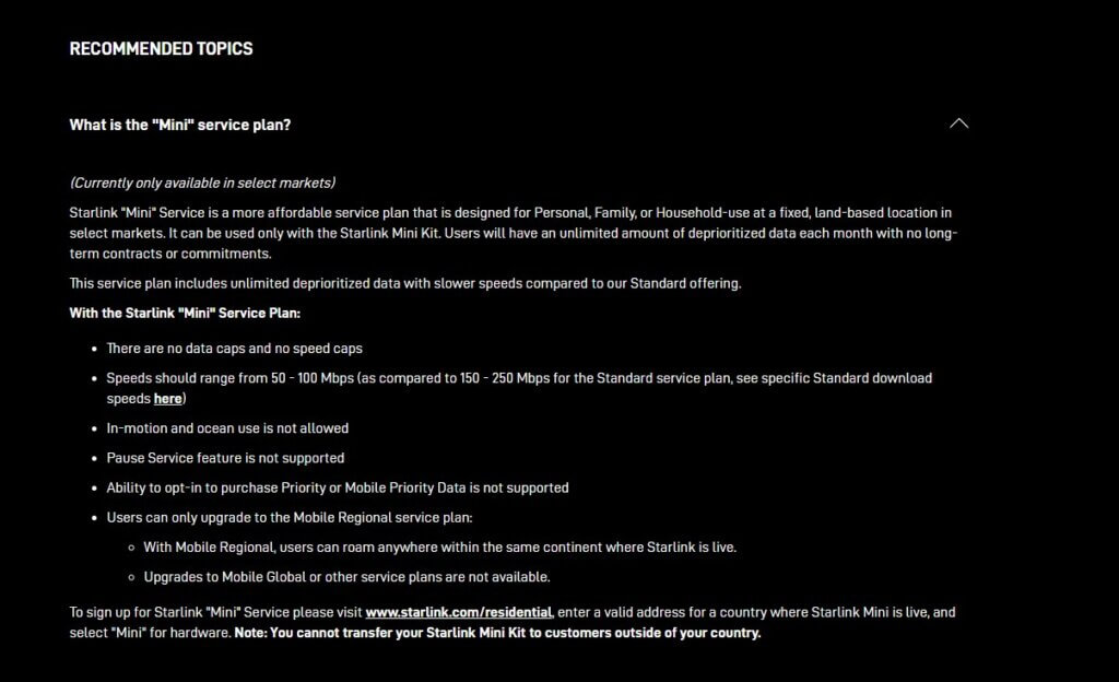 screenshot of current Starlink Mini offer not including U.S. availability