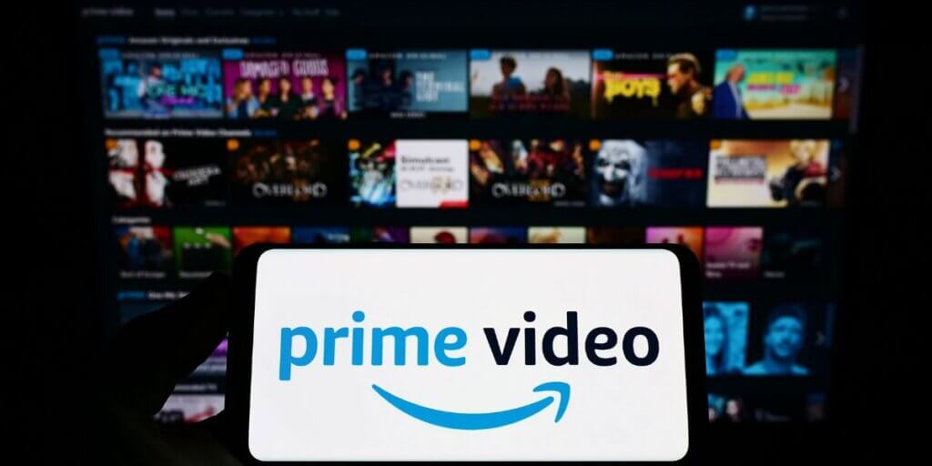 Prime video logog in front of screen streaming in 4K 