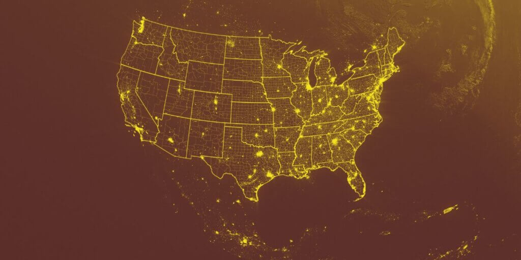 Map of United States with glowing digital network