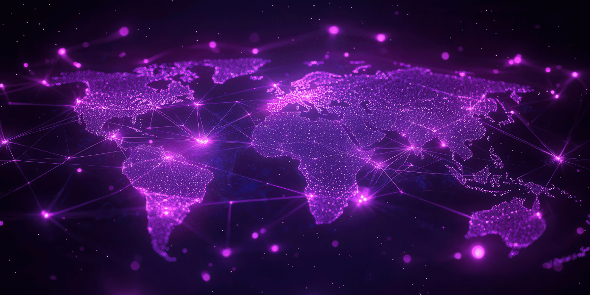 Purple world map lit up to represent internet connections worldwide