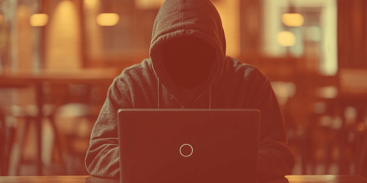 A man in a hoodie on a laptop, representing a hacker