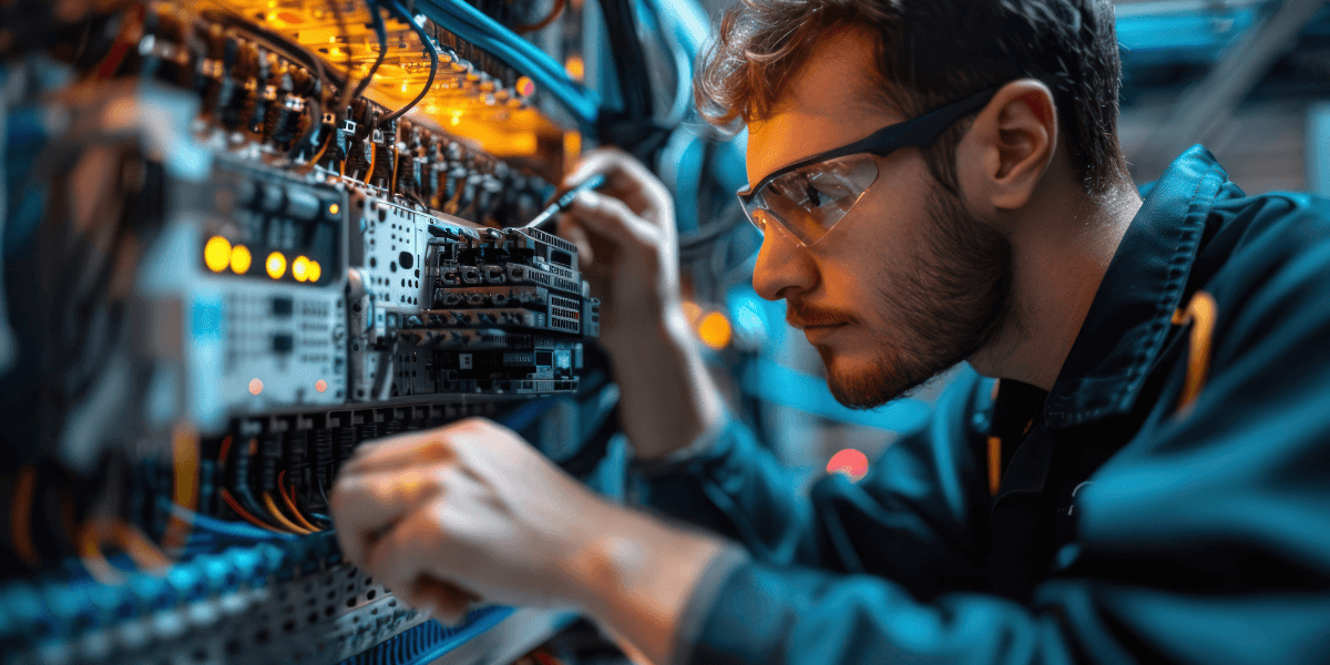 Man looking at backend of a large computer or software storage