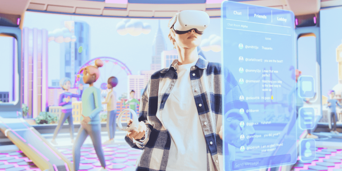 young woman wearing a VR headset with the virtual world displayed behind her