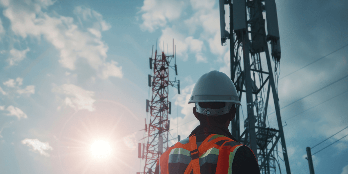 Man wearing a hardhat and safety vest looking up at an internet tower