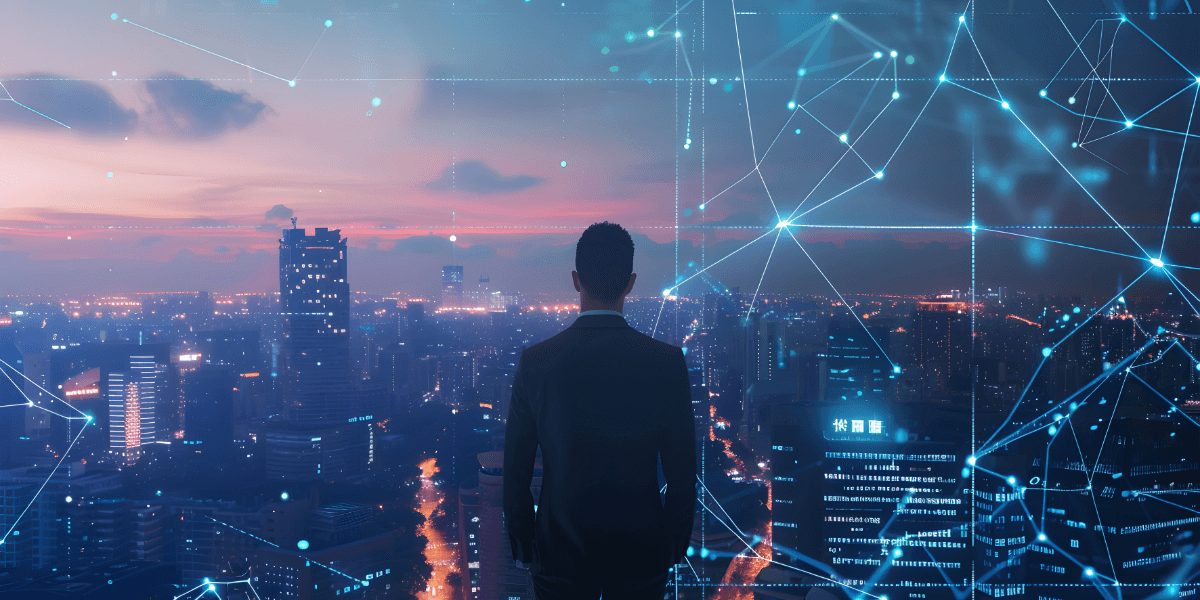 Man looking over a city with internet graphic overlayed