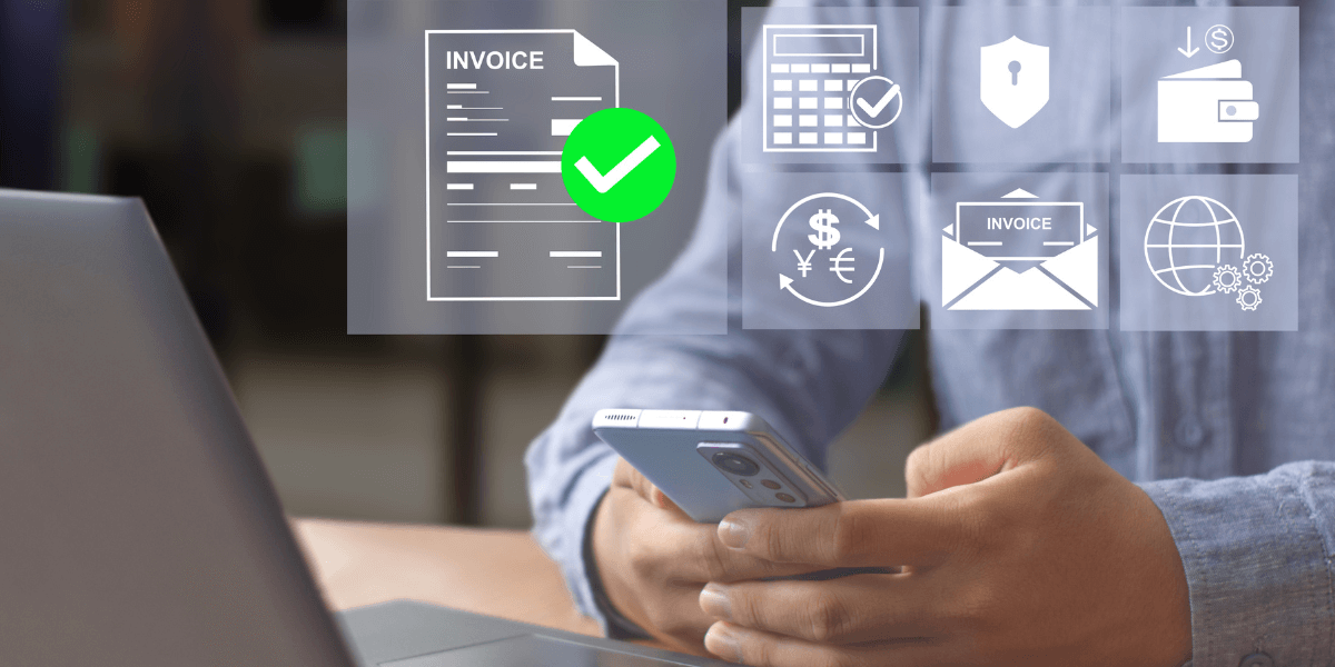 graphic representing a person paying their bill invoice online