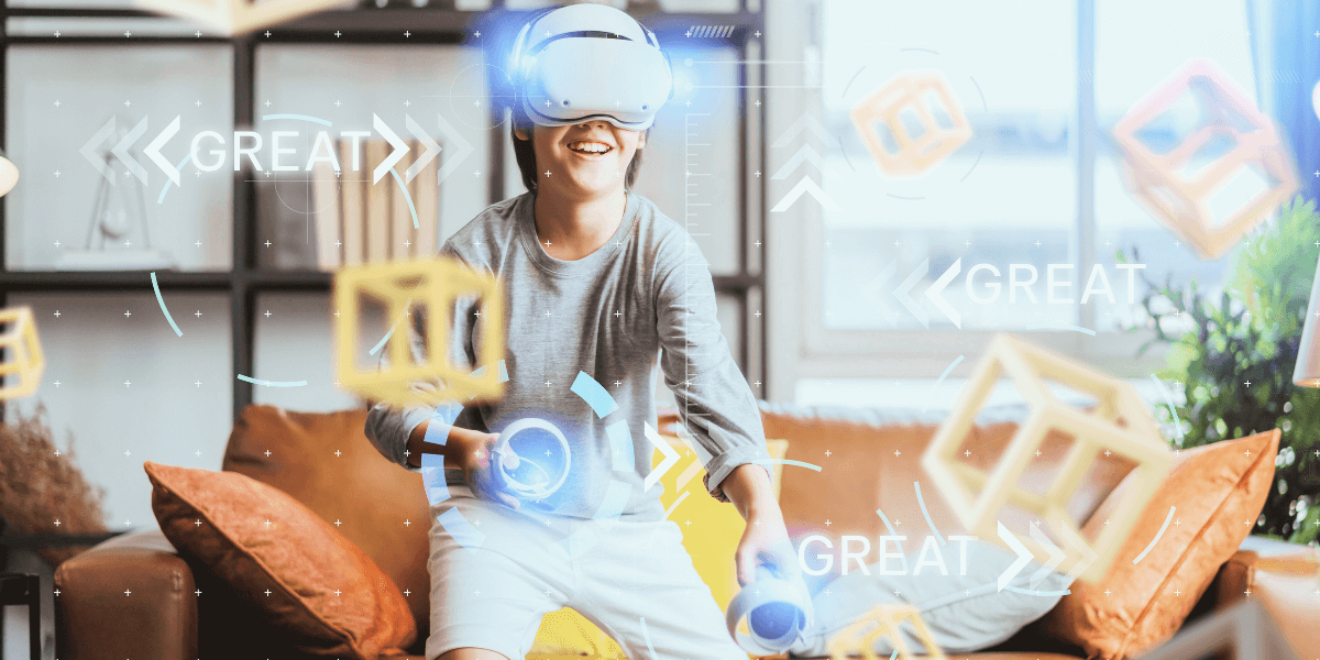 young boy playing a VR game while wearing his VR headset