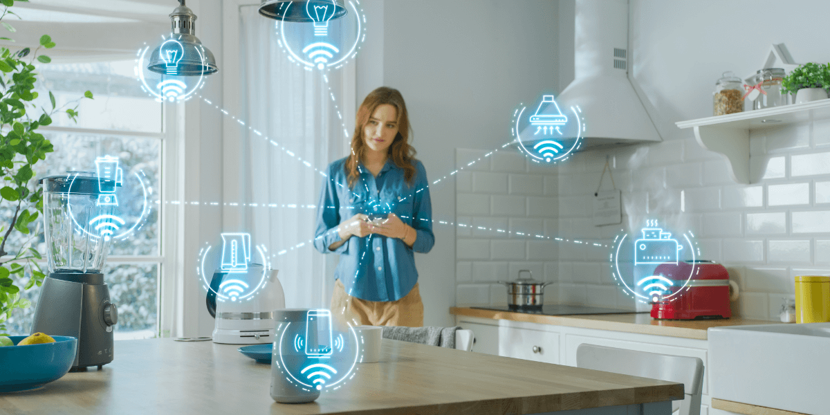 Woman in her kitchen with graphics showing how she is connected to IoT