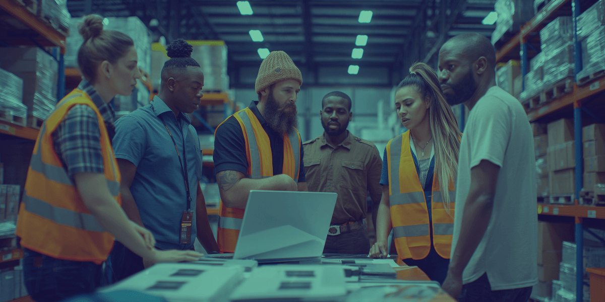 Warehouse workers gathered around a laptop