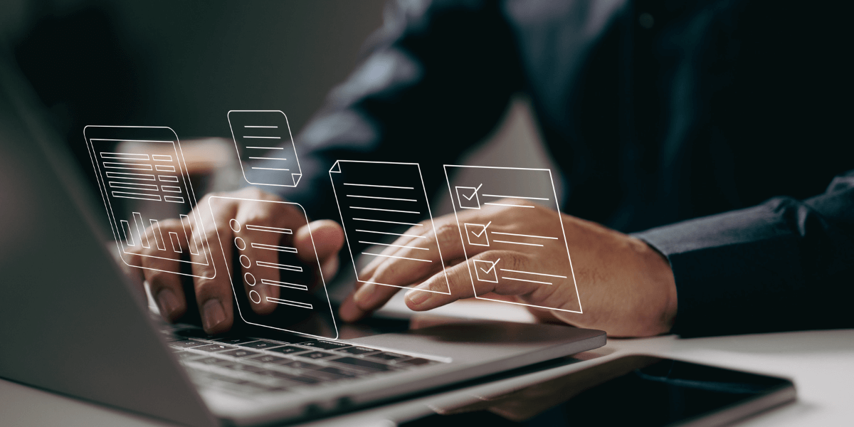 hands typing on a laptop with graphics of task lists