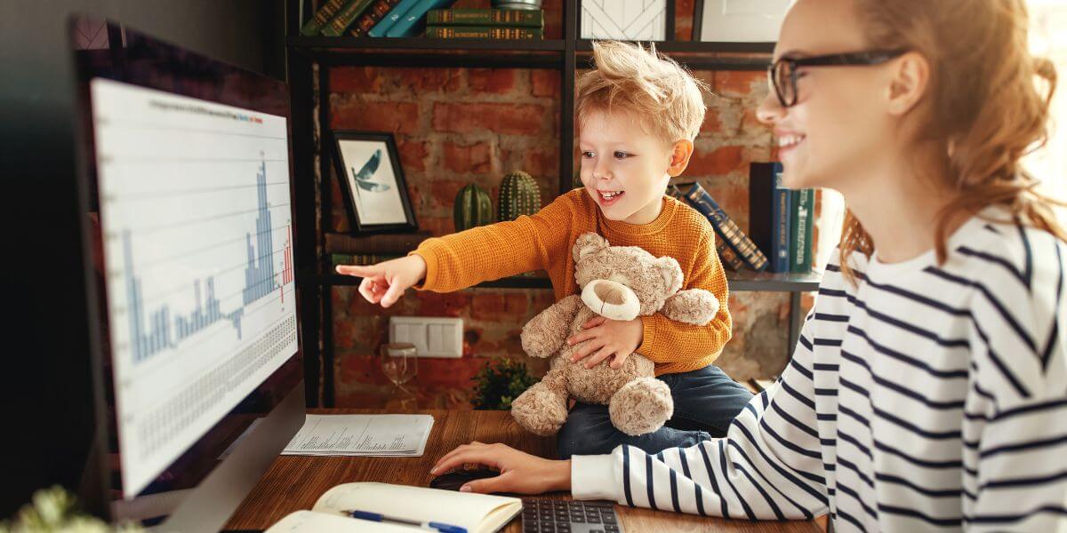 Home office network woman and kid at computer