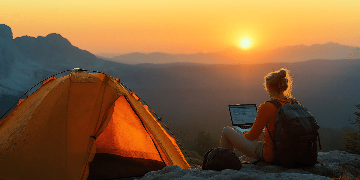 girl on laptop while camping
