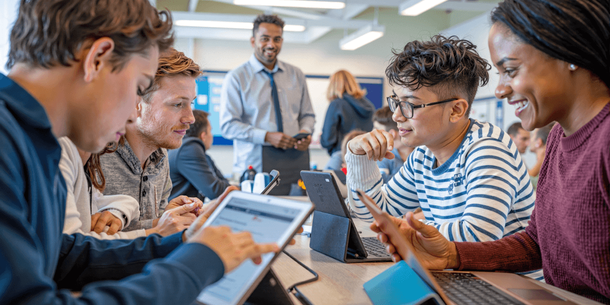 students in a classroom on laptops