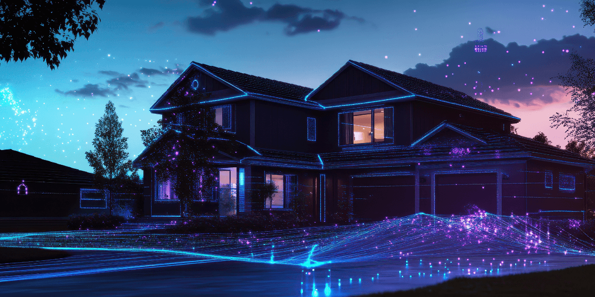 home with light beams to represent fiber internet