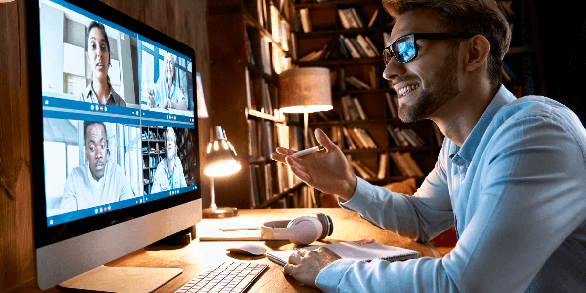 man working remote in a video conference